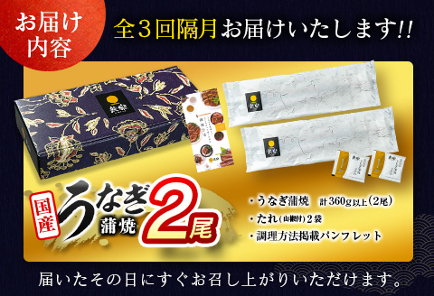＜数量限定!!＞うなぎ 定期便 国産 鰻 蒲焼 2尾セット 全3回 隔月定期便（2026年8月、10月、12月お届け）合計1kg以上 魚介 贈答品 ギフト ウナギ 期間限定 鰻楽【E192-08101
