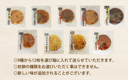 石川県産米、能登の醤油・味噌で作った手焼き煎餅セット 12枚入り / お茶菓子 米菓子 菓子 おかし おやつ お取り寄せ 美味しい せんべい ザラメ ざらめ 梅 うめ ゆず 柚子 唐辛子 ピリ辛
