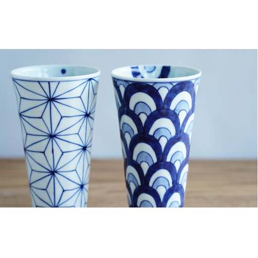 有田焼 面取タンブラー ペアセット 麻の葉＆二色青海波【そうた窯】食器 器 うつわ タンブラー 面取タンブラー 細身タンブラー カップ タンブラー2個 ビアカップ 染付 手描き タンブラー ギフトセッ