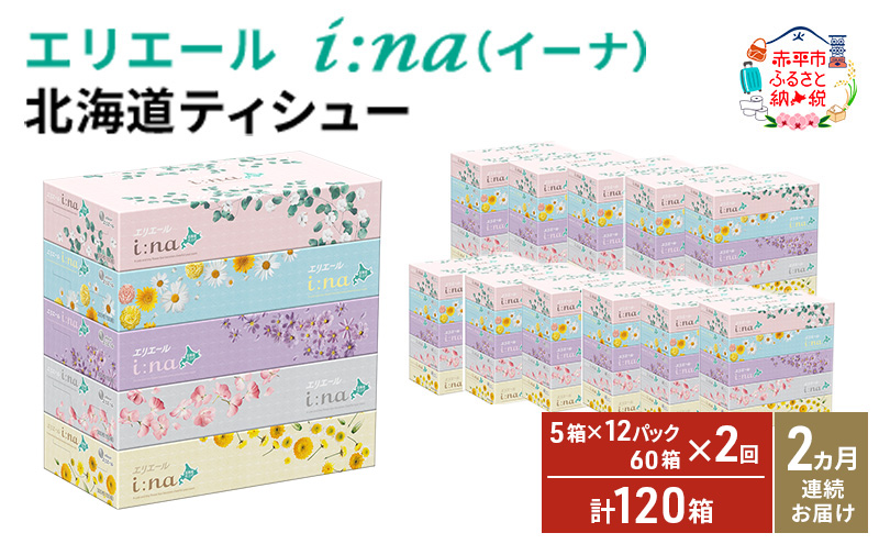 【2ヵ月連続お届け・計120箱】エリエール i:na (イーナ) 北海道 ティシュー 150組5箱 12パック ティッシュペーパー 箱ティッシュ まとめ買い 防災 常備品 備蓄品 消耗品 日用品 生活必需品 送料無料 赤平市