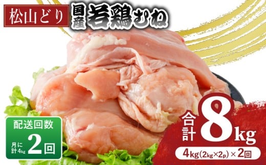 【定期便2回】松山どり むね肉 2kg×2パック×2回　計8kg | 定期便 国産 鶏肉 小分け 若鶏 冷凍 愛媛県 松山市 株式会社ビージョイ