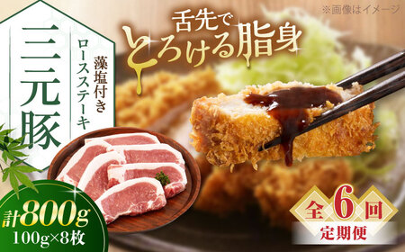 【全6回定期便】 三元豚 ロースステーキ 8枚（100g/枚）  藻塩付き 《喜茂別町》【平田牧場】肉 豚肉 ロース ステーキ ステーキ用 とんかつ トンテキ 生姜焼き 冷蔵配送 定期便[AJAP028]