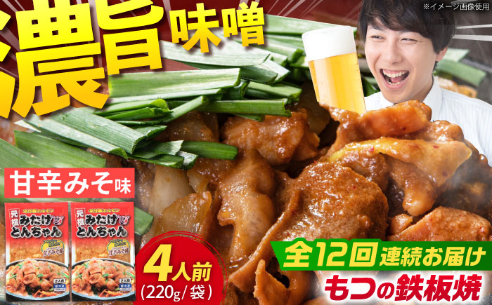 
                  【12回定期便】岐阜県産豚もつの鉄板焼き「元祖みたけとんちゃん」甘辛みそ味（4人前） / モツ もつ 白もつ ホルモン / 御嵩町 / 藤よし [AVAA020]
                