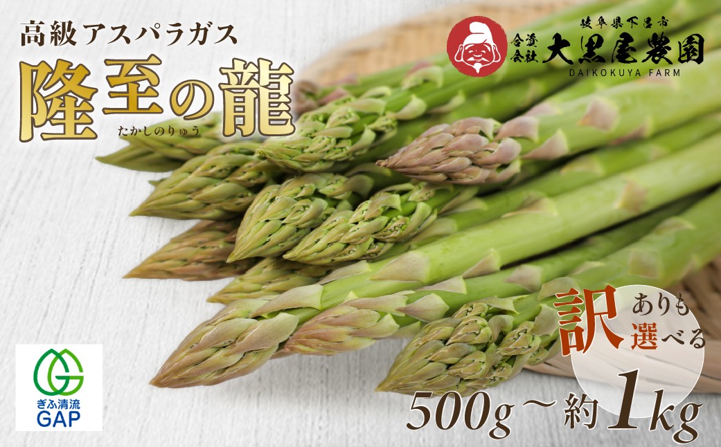
                  【期間限定】（2026年5月から順次発送）高級アスパラガス ／500g（約25本入り）／1kg（約50本入り）／ 訳あり1.3kg 隆至の龍 レギュラーサイズ 規格外 訳アリ 不揃い アスパラ 下呂市  限定 こだわり ブランド【大黒屋農園】
                
