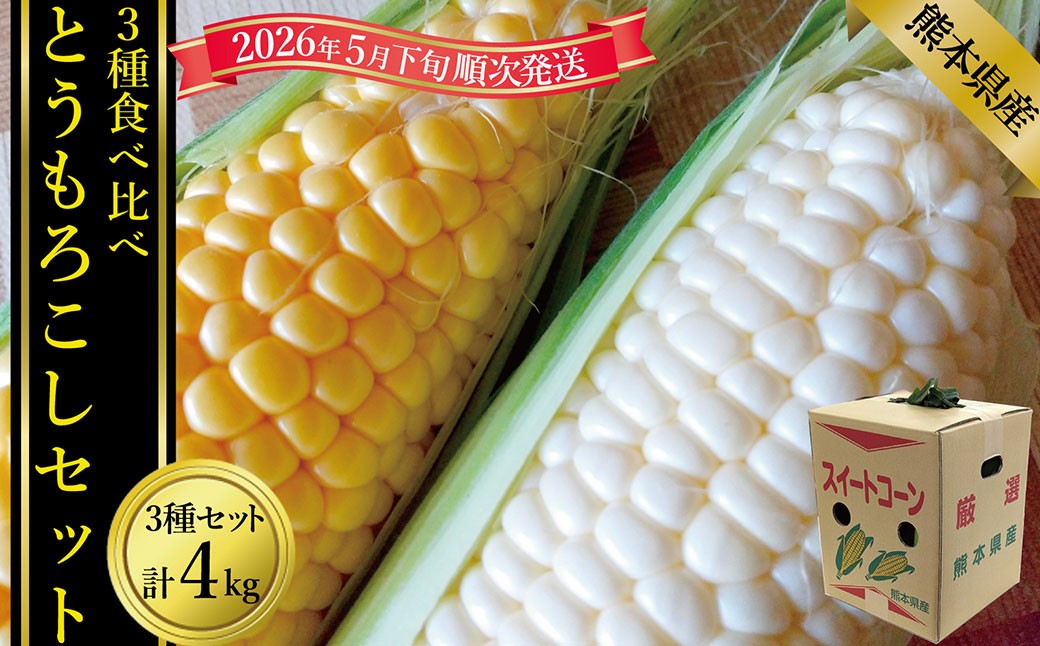 
            とうもろこし3種食べ比べ（スイートコーン/ゴールドラッシュ/ピュアホワイト等）計約4kg【2026年5月下旬発送開始】　とうもろこし トウモロコシ 3種 食べ比べ スイートコーン ゴールドラッシュ ピュアホワイト等 4kg 野菜 お野菜 やさい 熊本県産 国産
          