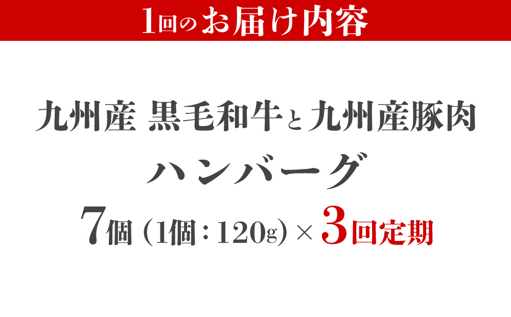 ＜定期便・全3回＞九州産黒毛和牛 九州産豚肉 ハンバーグ 7個セット | 国産牛 国産豚 肉汁 ジューシー 九州産 個包装 小分け 無添加 冷凍 惣菜 おかず 夕食 時短 簡単調理 送料無料 福岡県 