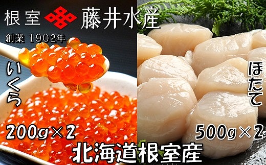 D-42061 【北海道根室産】いくら醤油漬け200g×2P、お刺身帆立貝柱500g×2P