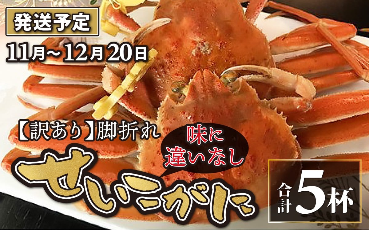 
            【先行予約】【訳あり】せいこがに 5杯  脚折れ【2025年11月中旬より順次発送】セイコガニ せいこ蟹 セコガニ 雌 ずわいがに せいこがに 訳あり 脚折れ 味に違いなし かにみそ カニ味噌 越前ガニ  ボイル 刺身 蟹 鍋 しゃぶしゃぶ 冷蔵 カニ 海鮮 かに 国産 南越前町 福井県 送料無料
          