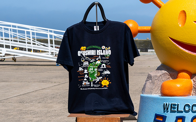 うにまるTシャツ (奥尻MAPデザイン) ネイビー Mサイズ  奥尻島 ゆるキャラ ご当地 マスコット キャラクター うにまる メンズ レディース ユニセックス ご当地T キャラT Tシャツ 観光マップ マップ プリント スーベニア 半袖 | 北海道 奥尻町 送料無料