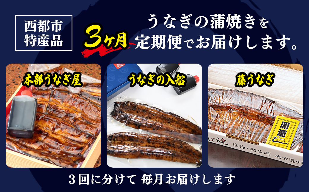 【3ヶ月定期便】（1月〜3月お届け）2027年発送 西都市うなぎ名店巡り 入船 本部うなぎ屋 藤うなぎ 国産 蒲焼 かば焼き 鰻 ウナギ＜1-13a＞