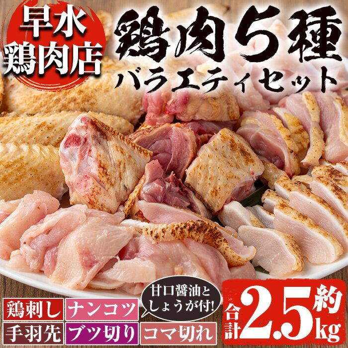 【ふるさと納税】＜発送時期が選べる＞鹿児島県産！自家製鶏の5種バラエティセット(約2.5kg) 国産 九州産 鳥刺し 鶏刺し 鳥さし 鶏さし とりさし 鶏肉 とり肉 手羽先 細切れ ナンコツ とり お肉 肉 刺身 おつまみ タレ 生姜 甘口醤油 醤油付き 小分け 冷凍 【早水鶏肉店】