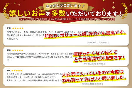 羽毛布団 ちょうどいい中厚タイプ ライトベージュ シングル 合い掛け布団 冬用