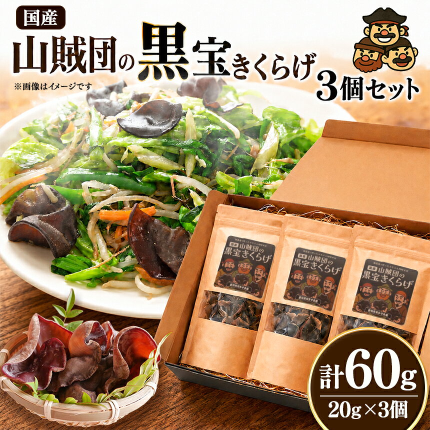 【ふるさと納税】＜国産＞山賊団の黒宝きくらげ(肉厚プルプル) 20g 3個セット｜きくらげ 乾燥きくらげ 黒きくらげ 肉厚 国産 中華食材 きのこ 乾物 ヘルシー食品