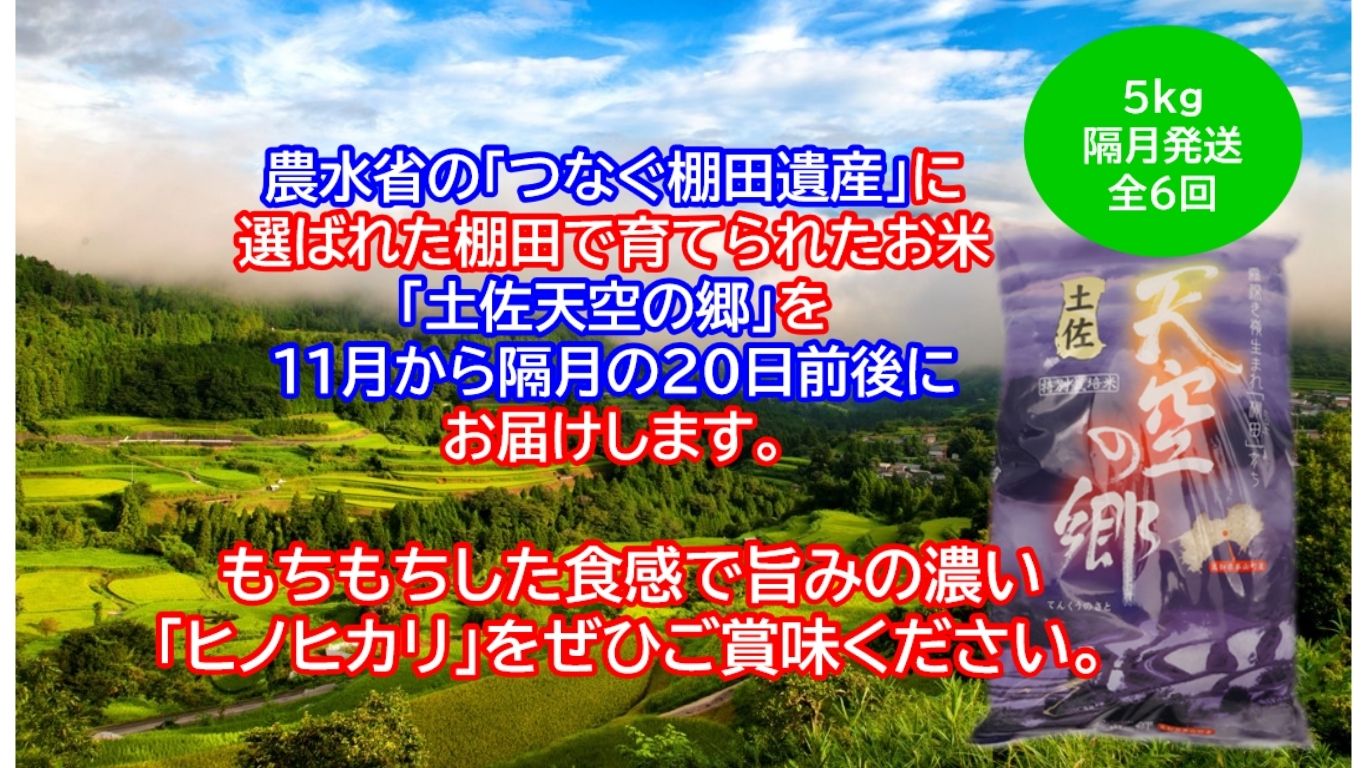 【新米定期便】令和7年産土佐天空の郷 ヒノヒカリ 5kg 隔月お届け 全6回 農林水産省の「つなぐ棚田遺産」に選ばれた棚田で育てられた 棚田米