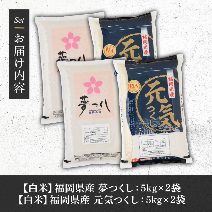 《白米》福岡県産米食べ比べセット「夢つくし」と「元気つくし」(2種計20kg・各5kg×2袋) 白米 米 お米 おこめ ごはん ご飯 常温 福岡県産 ブランド米 ゆめつくし げんきつくし 常温 常温保