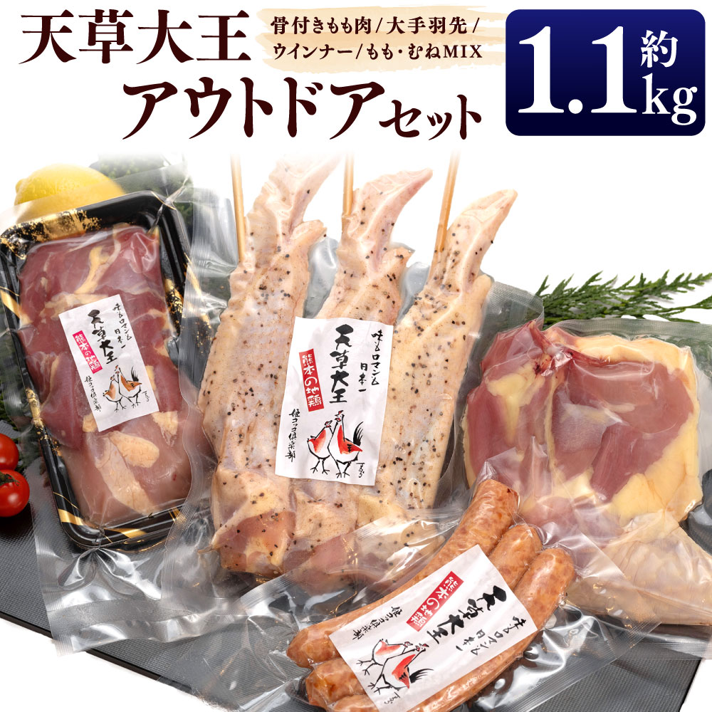 【ふるさと納税】天草大王 アウトドアセット 幻の鶏 キャンプ BBQ 骨付きもも肉500g!! 大手羽先 ソーセージ ブツ切りミックス 合計約1.1kg 鶏肉 モモ肉 胸肉 ウィンナー バーベキュー キャンプ 真空パック 冷凍 国産 九州 熊本県 送料無料