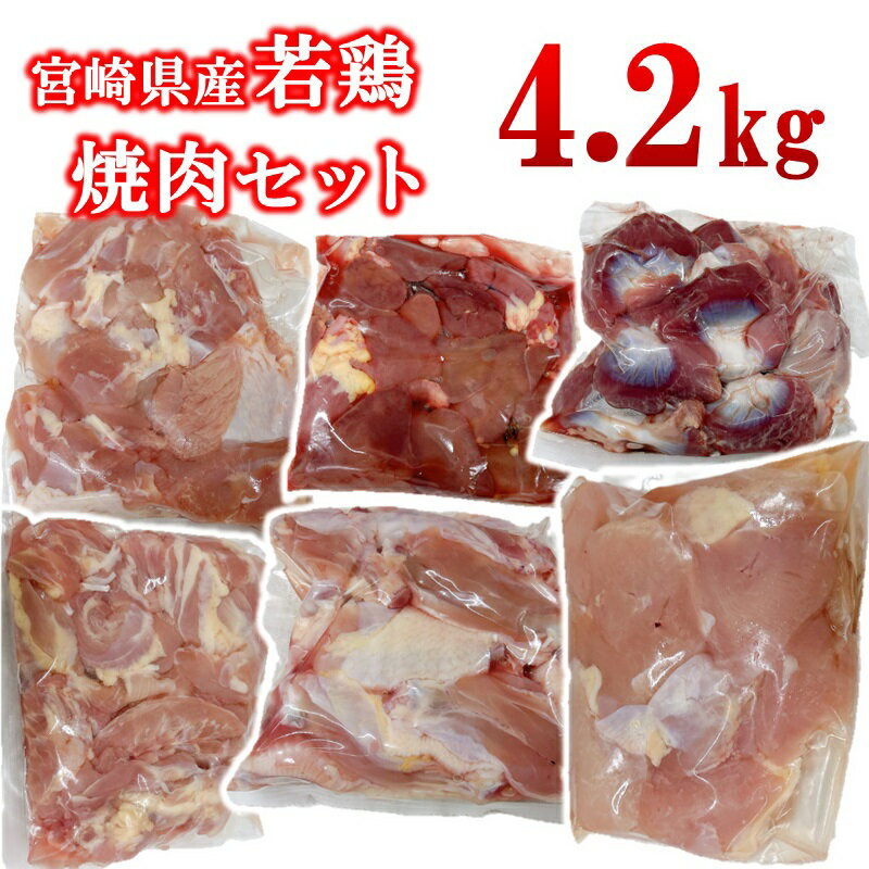 【ふるさと納税】宮崎県産若鶏 6種 4.2kg 焼肉用 小分け もも肉 砂肝 手羽中ハーフ等々6種 小分け 15パック＜1.8-32＞とり肉 国産 真空パック 切身 切り身モモ肉 肝 レバー 砂肝 せせり チキンスティック 肩肉