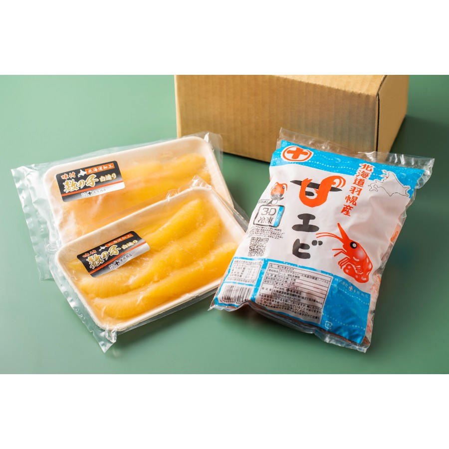 ＜重原商店＞お刺身用甘えび（500g×2）・味付けかずのこ（140g×4パック）セット