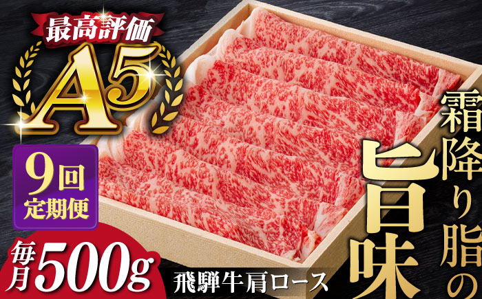 
【9回定期便】飛騨牛 すきやき しゃぶしゃぶ 500g ロース（肩ロース） 5等級 A5 贅沢三昧定期便 国産 和牛 岐阜県 岐阜市/だるまミート [ANBE006]
