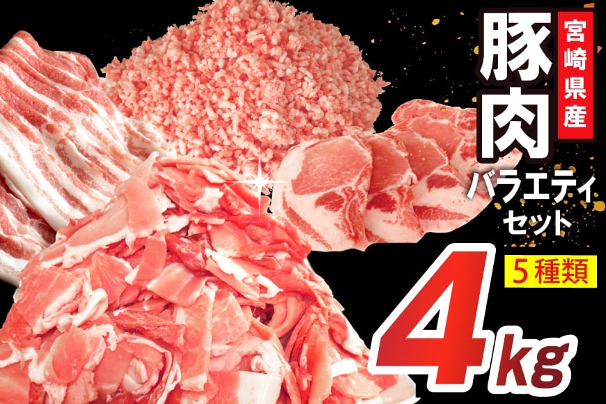 
            豚肉 詰め合わせ 宮崎県産豚肉 バラエティ セット 5種 4kg [南九フーズ 宮崎県 日向市 452061516] トンカツ とんかつ バラ 切り落とし しゃぶしゃぶ ロース スライス 豚こま 小間切れ ミンチ ひき肉
          