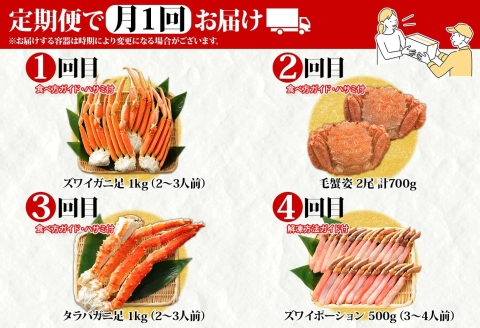 ■定期便■ 1584.蟹づくし 頒布会  全4回 ズワイガニ足 1kg 毛蟹 2尾 700g タラバガニ足 1kg ズワイ ポーション 500g むき身 かに 蟹 カニ ズワイガニ ずわいがに たらば