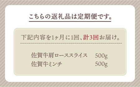 【全3回定期便】佐賀牛 スライス・ミンチ セット（各500g）【田中畜産牛肉店】黒毛和牛 肩ロース すき焼き ひき肉 ハンバーグ[HBH107] 佐賀牛 牛肉 黒毛和牛 佐賀牛 牛肉 肩ロース 佐賀牛