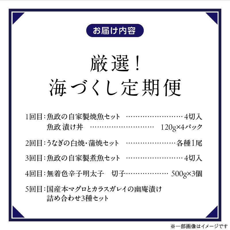 【定期便 5回】厳選！海づくし定期便 _ 定期便 5回 お届け 海づくし 海鮮 焼魚 真鯛味噌焼 金目鯛塩焼 銀ダラ味醂 紅鮭塩焼 漬け丼 銀ダラ西京漬け 銀むつ カマ煮付け 辛子明太子 食べ比べ 本マグロ 赤身柵 中トロ柵 グルメ おかず 厳選 海の恵み お取り寄せ 福岡県 久留米市 送料無料 _Tk125
