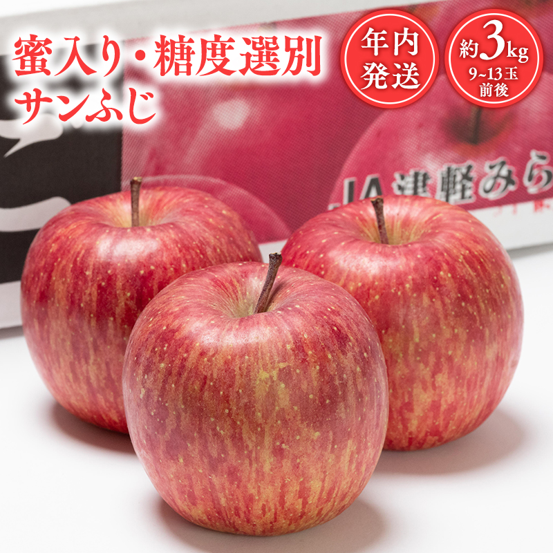 年内 蜜入り 糖度選別サンふじ約3kg 【JA津軽みらい・平川市産・青森りんご・12月】