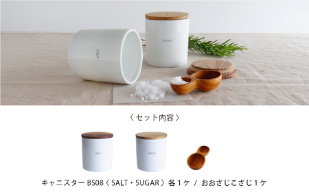 【美濃焼】白磁 キャニスター ソルト＆シュガー と おおさじこさじチークのセット【株式会社ロロ】キッチン雑貨 保存容器 シュガー ソルト コーヒー 調味料入れ 調味料ケース 保存容器 おしゃれ 木製 