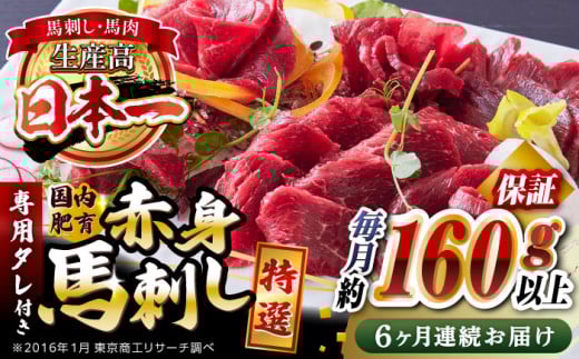 【全6回定期便】国内肥育 特選赤身 約160g以上保証 専用タレ付き 熊本 山都町 冷凍 馬肉 馬刺 ヘルシー 小分け【有限会社 丸重ミート】[YAK031]