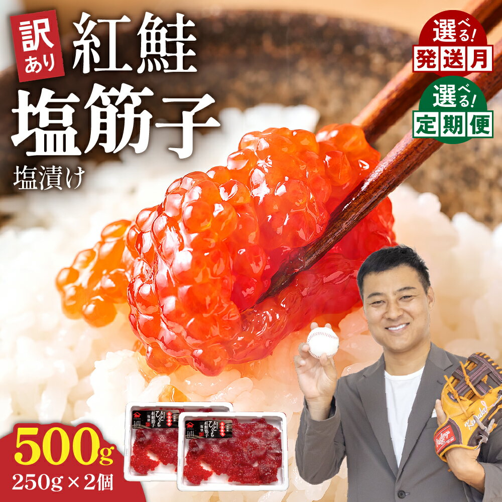 【ふるさと納税】すじこ 訳あり 北海道 紅鮭 塩 筋子 500g (250g×2個入）選べる配送月・定期便 加藤水産 ひとくちカット 不揃い 小分け 塩筋子 筋子塩漬け つまみ おつまみ魚介類 魚卵 鮭 いくら 冷凍 おせち