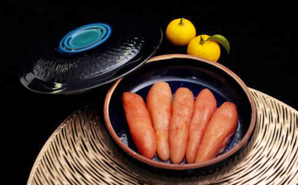 2P1　小石原焼特注キャニスター(瑠璃色)・東峰村産ゆず使用ご当地明太子270g