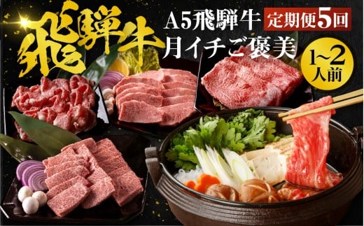 【2月開始】【5ヶ月定期便】A5 飛騨牛 ちょこちょこお届け（焼肉・すき焼き・ステーキ）☆ 5回 赤身 切り落とし モモ カタ 焼肉 すき焼き しゃぶしゃぶ サーロイン 牛丼 牛肉 黒毛和牛 ブランド牛 和牛 国産 お肉 肉 高級 お祝い 記念日