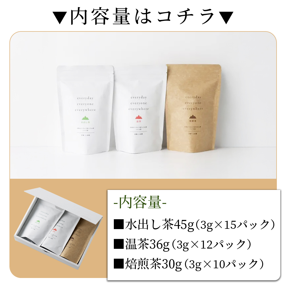 ＜everyday 3袋セット Sサイズ＞お茶 水出し茶 温茶 焙煎茶 バイオ茶 飲み物 飲料 ギフトボックス 贈り物 贈答用 ギフト 結婚 出産 入学 お祝い お中元 お歳暮【MI783-km】【宮
