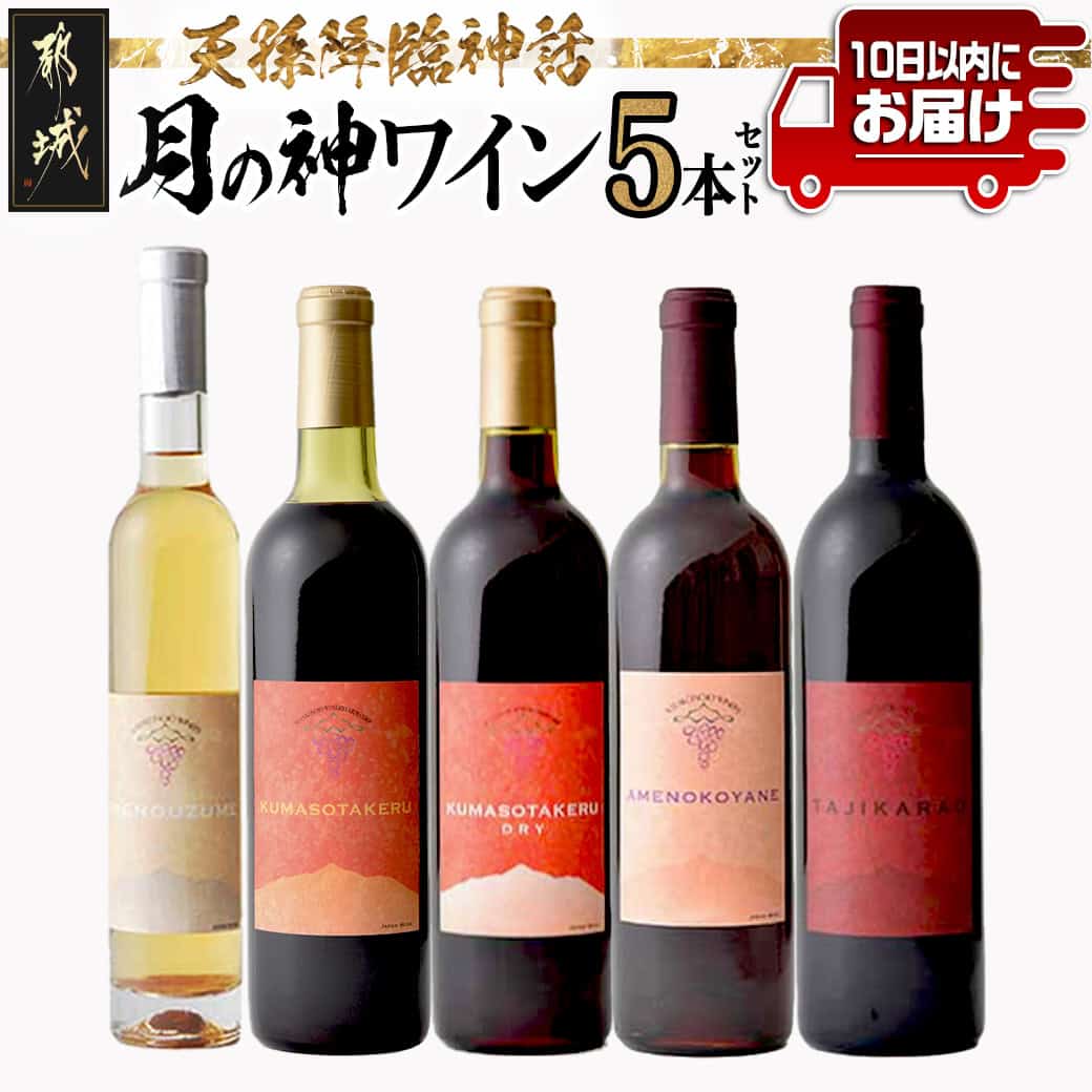 【ふるさと納税】天孫降臨神話・月の神 ワイン5本セット≪みやこんじょ特急便≫ - 赤ワイン(720ml・750ml)4種 白ワイン(375ml)1種 合計5本 極甘口/やや甘口/辛口 お酒 地酒 果実酒 ぶどう酒 葡萄酒 送料無料 AF-2007【宮崎県都城市は2年連続ふるさと納税日本一！】