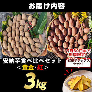 n383 ＜期間・数量限定セット！先行予約受付中！2025年10月中旬頃から12月中の発送予定＞種子島産 安納芋《黄金・紅》食べ比べセット(3kg)＆安納芋チップス1袋セット 国産 安納芋 詰め合わせ