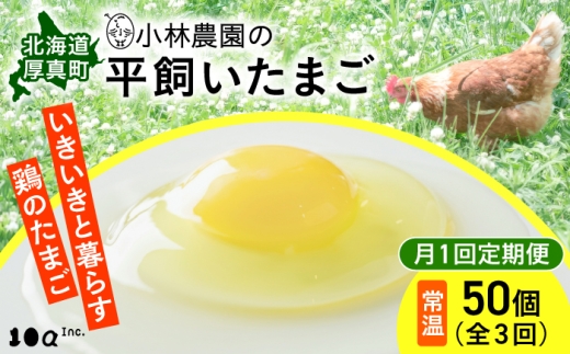【全3回定期便】【常温配送】小林農園の平飼いたまご・無投薬 50個《厚真町》【テンアール株式会社】 有精卵 卵 鶏卵 玉子 生卵 平飼い 北海道 定期便 [AXAN130]