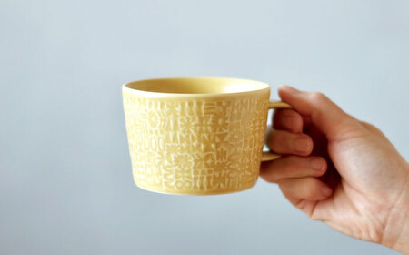 【波佐見焼】PATTERNED PLATE・MUG ペア 4点セット yellow + greige　【BIRDS’ WORDS】[CF086]