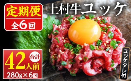 No.955 ＜定期便・全6回(連続)＞自慢の自社ブランド牛「上村牛ユッケ」(42人前・40g×7P×6回)国産 九州産 牛肉 黒毛和牛 和牛 定期便 頒布会ユッケ 小分け 冷凍 ギフト 贈答【カミチク】