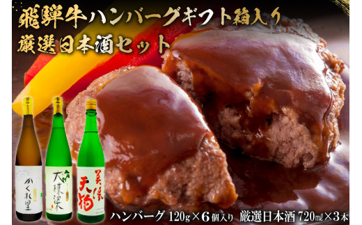 
3-7　飛騨牛 ハンバーグ120g×6個入 ギフト箱入り + 厳選日本酒720ml×3本
