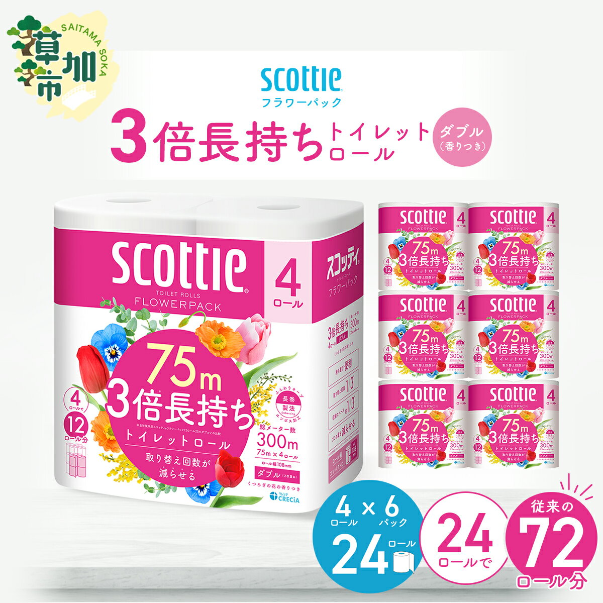 【ふるさと納税】スコッティ フラワーパック 3倍長持ちトイレットロール ダブル 香りつき 75m×4ロール×6P | 日用品 トイレットペーパー ダブル 24ロール 3倍巻 交換 手間 消耗品 ストック 長持ち 替え 交換 頻度 回数 リピート 防災 備蓄 必需品 埼玉県 草加市