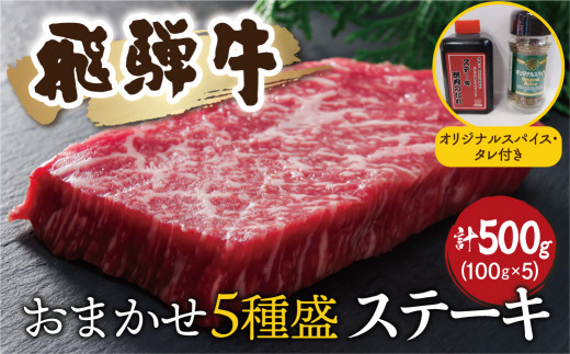 
飛騨牛おまかせステーキ５種類盛　各100g（計500g） ｽﾊﾟｲｽ・ﾀﾚ付き 部位お任せ 牛肉 和牛 ステーキ 食べ比べ 贈り物 ギフト 飛騨市
