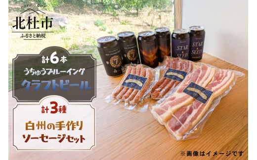 うちゅうブルーイング クラフトビール6本と名水百選で知られる白州の手作りソーセージ3種セット クラフトビール ソーセージ ウインナー ベーコン 詰め合わせ セット 6本 350ml 宇宙ビール うちゅ