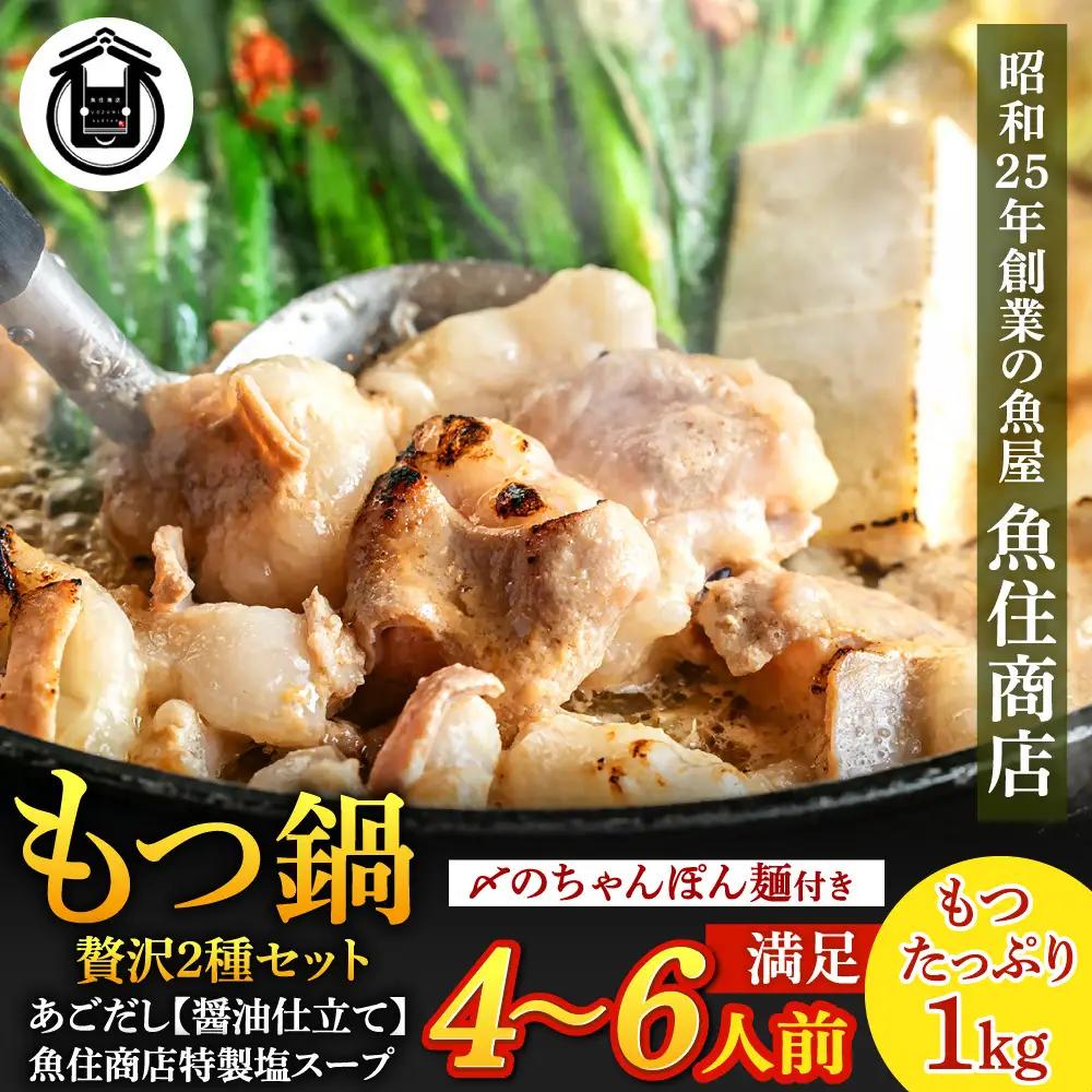 塩＆あごだし醤油 贅沢もつ鍋2種セット《たっぷりもつ1kg入り》【魚住商店】_HA1682 4～6人前 チャンポン麺付き モツ鍋 鍋 ホルモン もつ もつ鍋 塩もつ鍋 塩モツ鍋 あご出汁醬油 出汁つき 小分け 冷凍 福岡県宗像市 宗像市 福岡 宗像