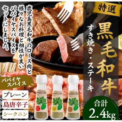 ふるさと納税 天城町 徳之島 天城町 黒毛和牛 すき焼き&amp;ステーキセット (計約2.4kg) 3種のパパイヤスパイス付き