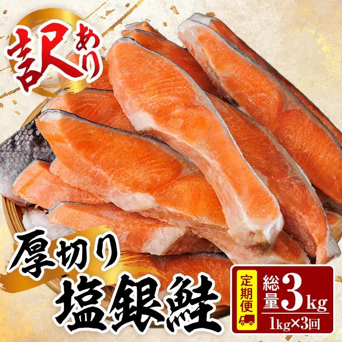 【定期便・全3回(連続)】訳あり 厚切り 塩 銀鮭 切り身(総計3kg・1kg×3回) 塩鮭 簡易包装 冷凍【YS-6】【株式会社安田】