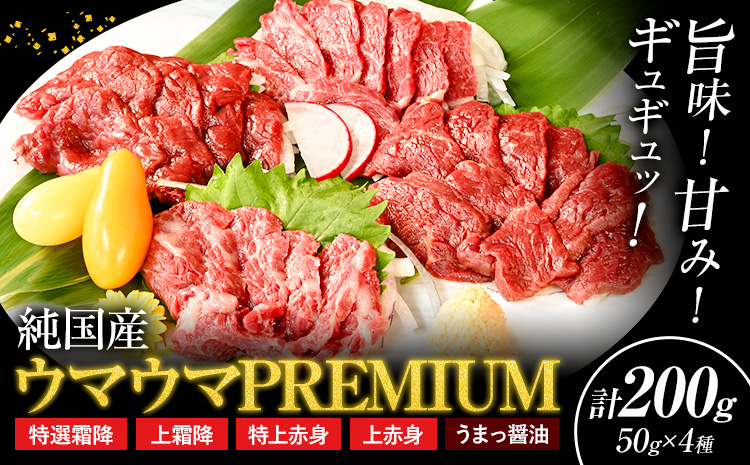馬刺し 純国産 ウマウマ PREMIUM 専用醤油付き 50g ×4種 計200g 有限会社九州食肉産業《30日以内に出荷予定(土日祝除く)》熊本県 産山村 純国産 馬刺し 国産 赤身 熊本肥育 馬刺 馬肉 詰め合わせ 贈答用 ギフト お中元 お歳暮---2053---