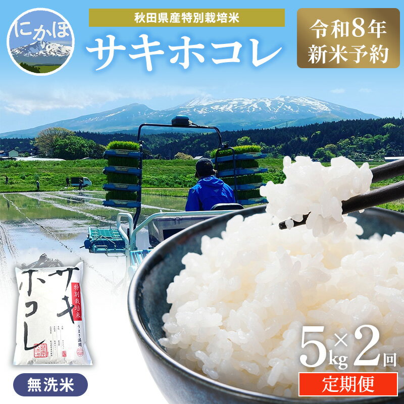 【ふるさと納税】【令和8年産 新米予約】≪2ヵ月定期便≫【無洗米】秋田県産特別栽培米サキホコレ5kg×1袋 新米 お米 おこめ 精米 定期便 特別栽培米　お届け：1回目/2026年10月中旬～10月下旬頃発送、2回目/中旬発送