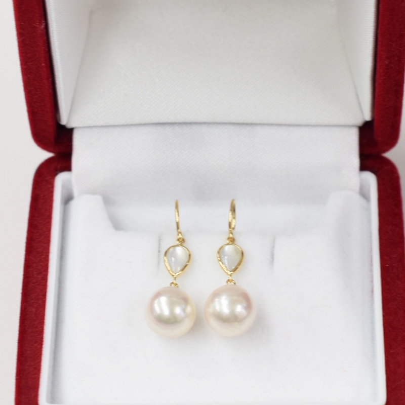 S101-417_あこや真珠 天草 ピアス シェル 8mm - 8.5mm ドロップ ホワイトピンク K18 K14 YG WG