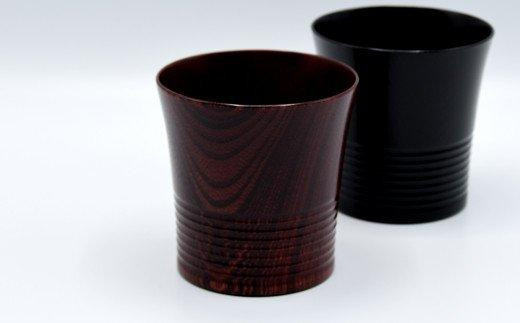 山中漆器　欅ペアカップ　平筋　赤摺・黒摺